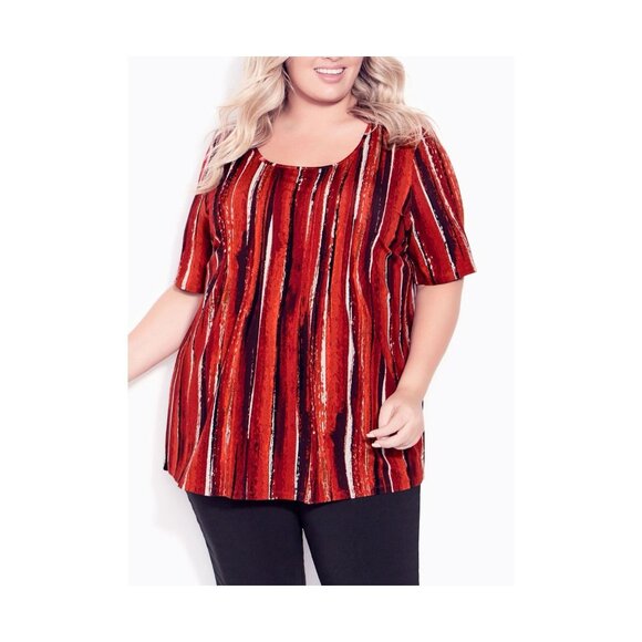 Avenue Womens Pintuck Detail Red & Black Striped Short Sleeve Top Plus Size 26 - Picture 1 of 9